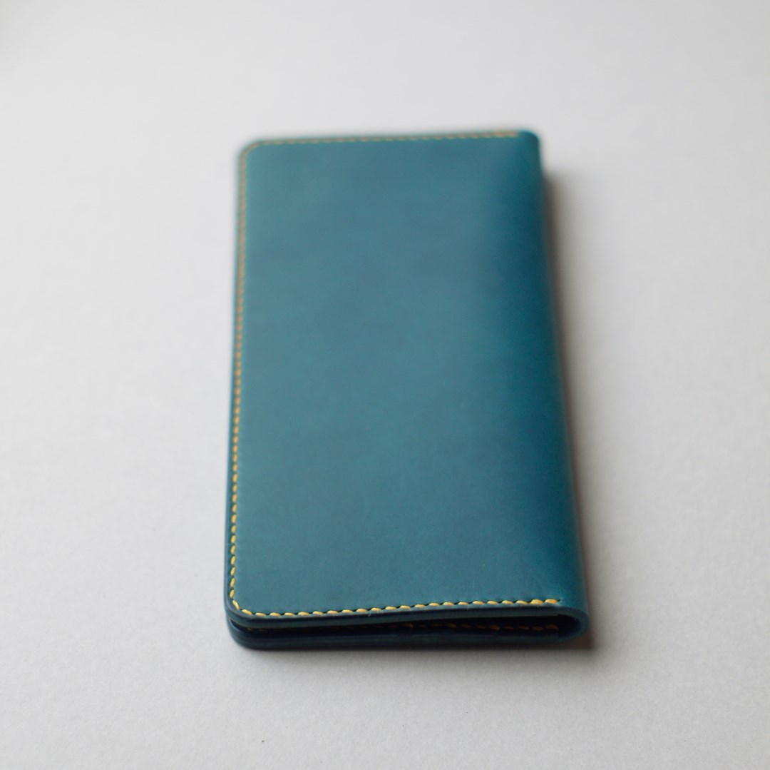 kumosha hand stitched leather long wallet type 01 blue and yellow stitch