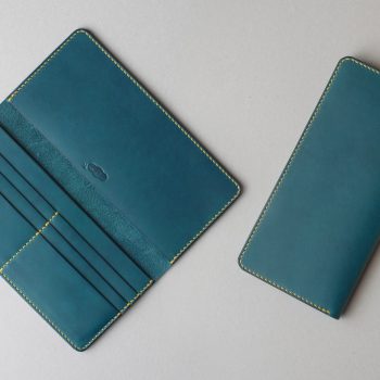 kumosha hand stitched leather long wallet type 01 blue and yellow stitch