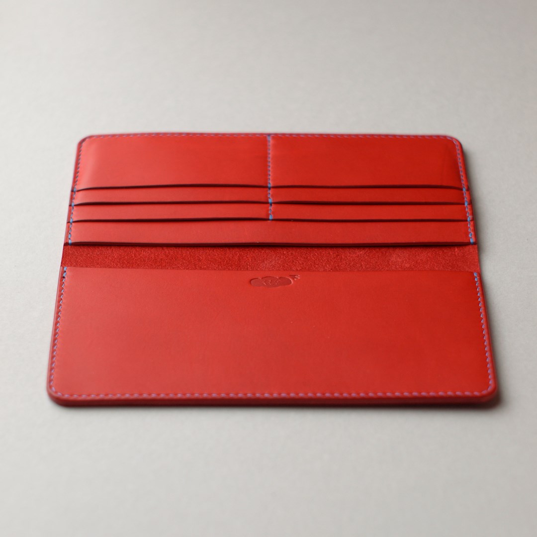 kumosha hand stitched leather long wallet type 01 red and blue stitch
